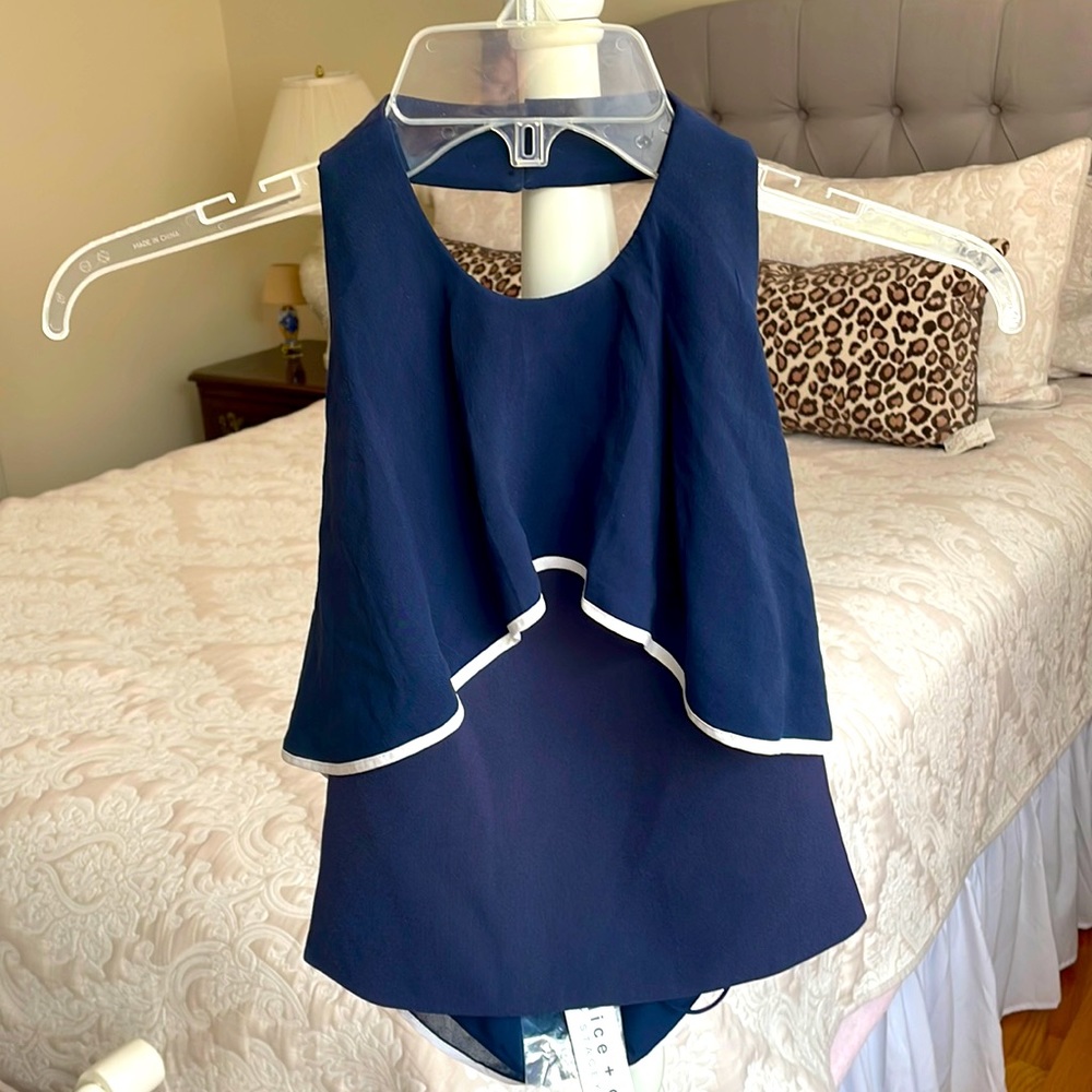 NWT Alice + Olivia Navy Cropped Ruffle Halter w/white trim Size XS
